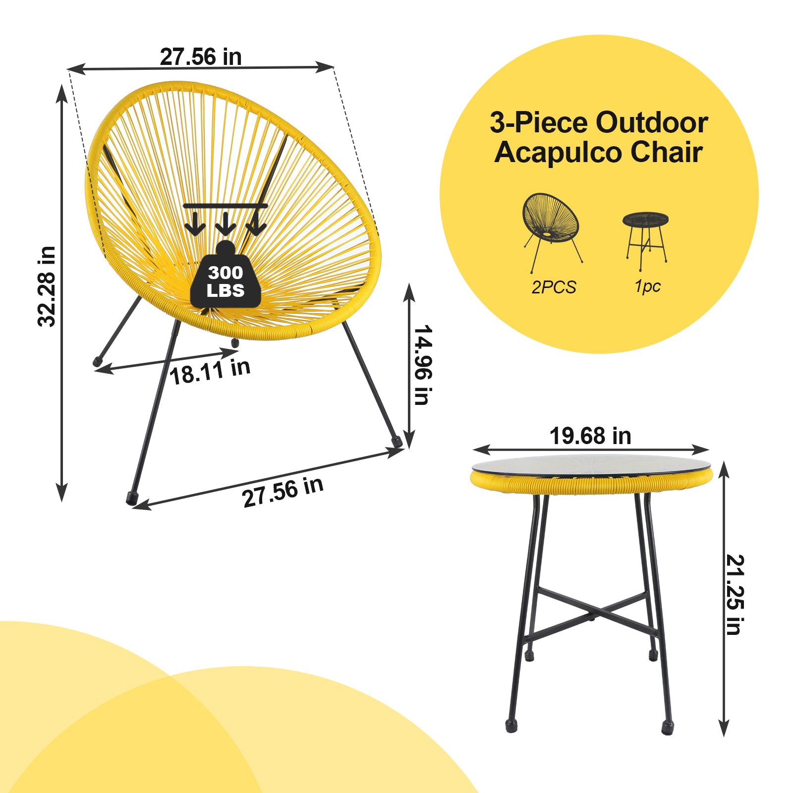 Bigtree 3pc Rattan Wicker Patio Acapulco Bistro Chair Set Furniture Yellow