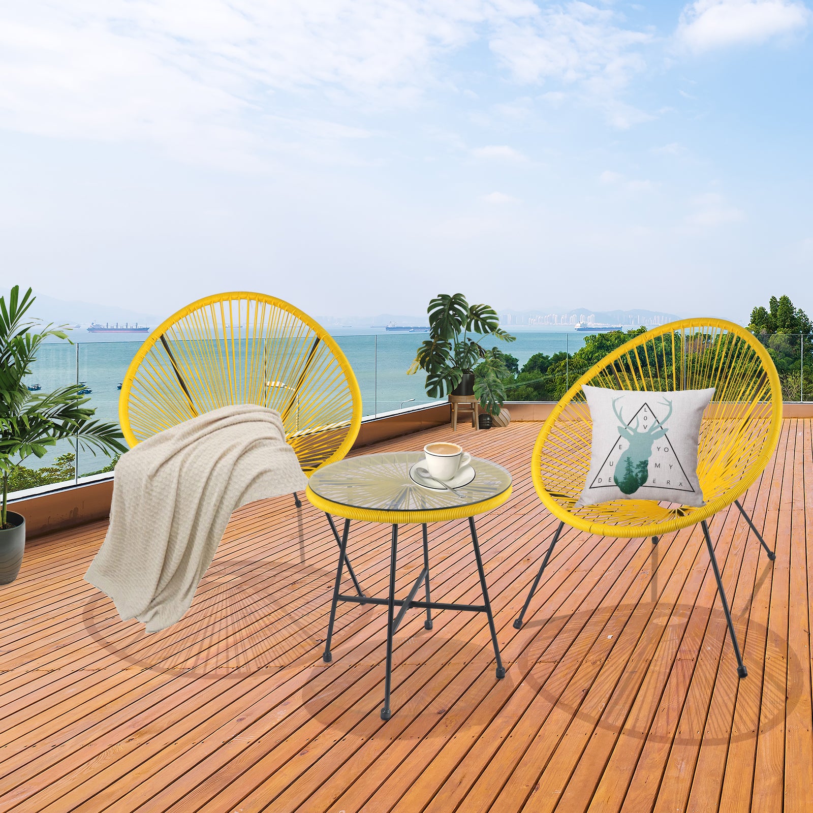 Bigtree 3pc Rattan Wicker Patio Acapulco Bistro Chair Set Furniture Yellow