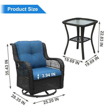 Bigtree 3 Piece Wicker Swivel Rocker Patio Furniture Set Blue