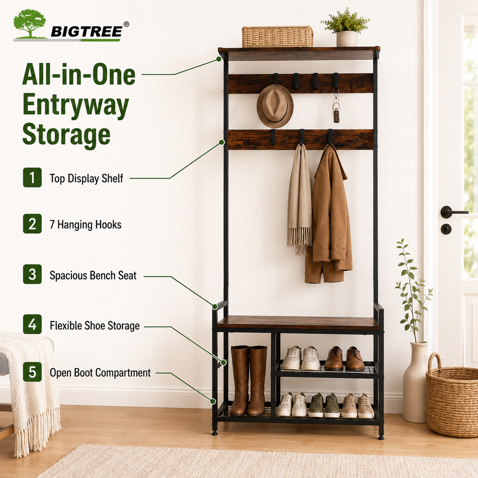 BIGTREE Hall Tree with Bench and Shoe Storage, 3-in-1 Entryway Coat Rack with 7 Hooks, Top Shelf and 2-Tier Shoe Rack, Freestanding Organizer for Hallway, Mudroom or Bedroom, Rustic Brown and Black