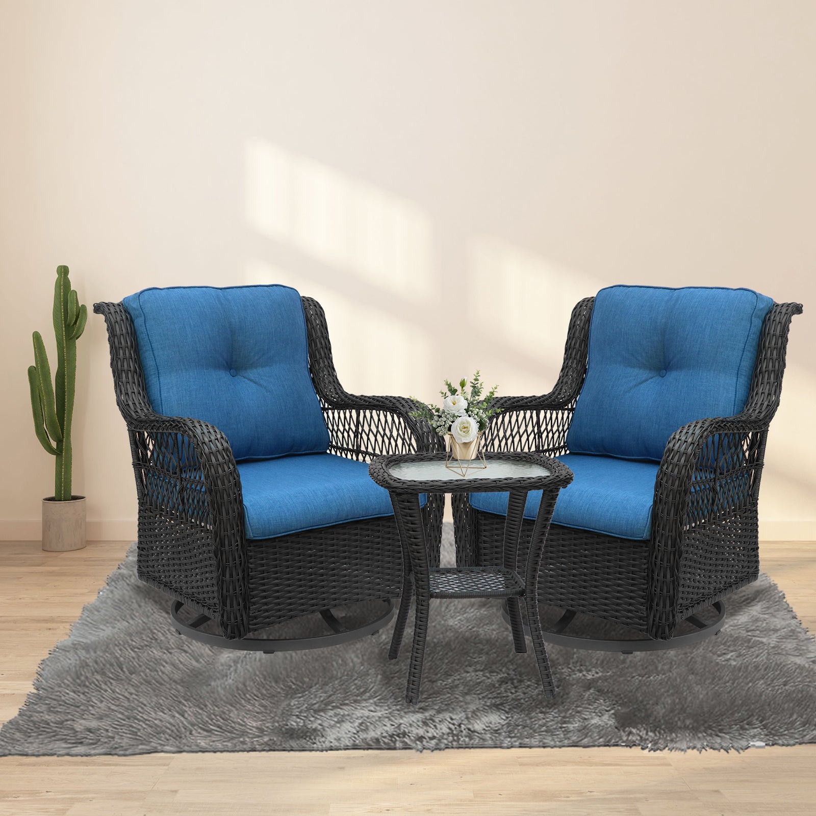 Bigtree 3 Piece Wicker Swivel Rocker Patio Furniture Set Blue