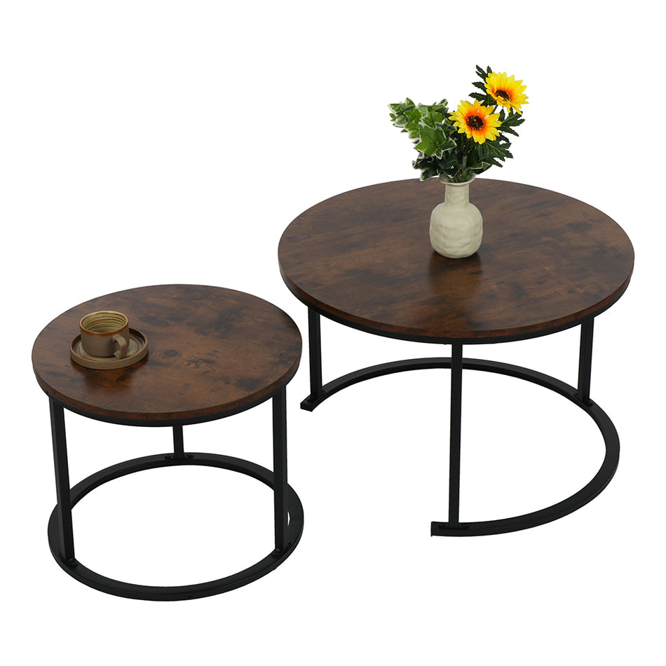 BIGTREE Modern Round Nesting Coffee Table Set 2 Pcs Solid Metal Frame Brown, Small