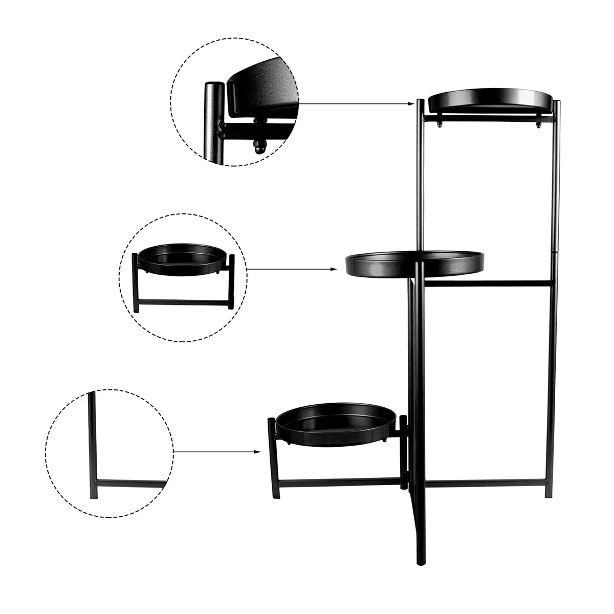 Bigtree 3 Tier Metal Plant Stand with Round Base - Black