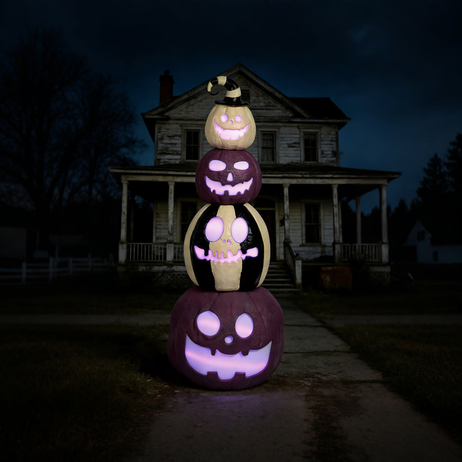 4-Tier Light-Up Stacked Pumpkins with Witch Hat, LED Halloween Jack-O-Lantern Tower for Indoor Outdoor Yard Decor